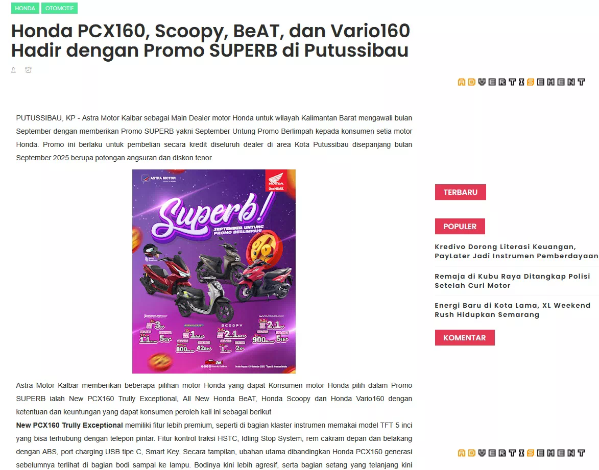 Honda PCX160, Scoopy, BeAT, dan Vario160 Hadir dengan Promo SUPERB di Putussibau