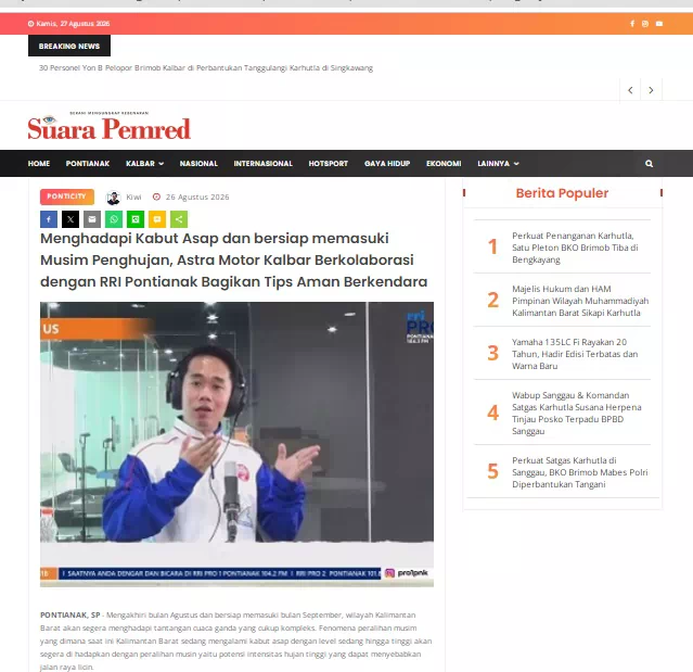 Menghadapi Kabut Asap dan bersiap memasuki Musim Penghujan, Astra Motor Kalbar Berkolaborasi dengan RRI Pontianak Bagikan Tips Aman Berkendara