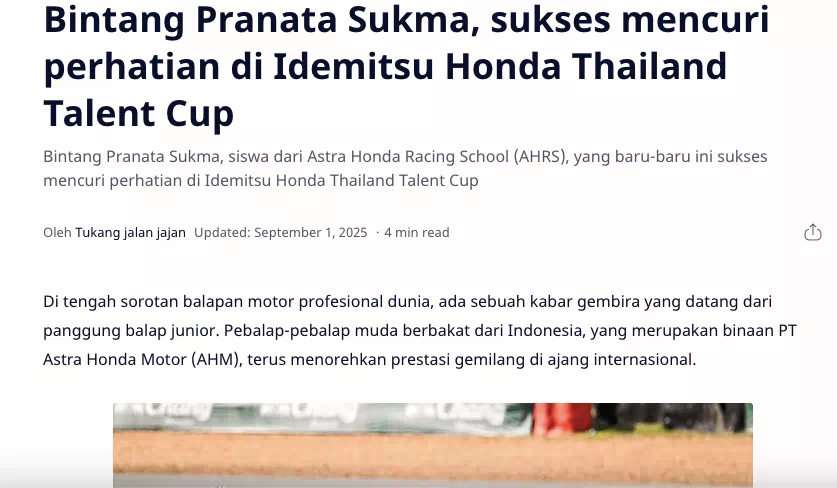 Bintang Pranata Sukma, sukses mencuri perhatian di Idemitsu Honda Thailand Talent Cup