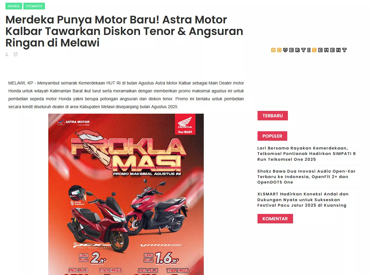 Merdeka Punya Motor Baru! Astra Motor Kalbar Tawarkan Diskon Tenor &amp; Angsuran Ringan di Melawi
