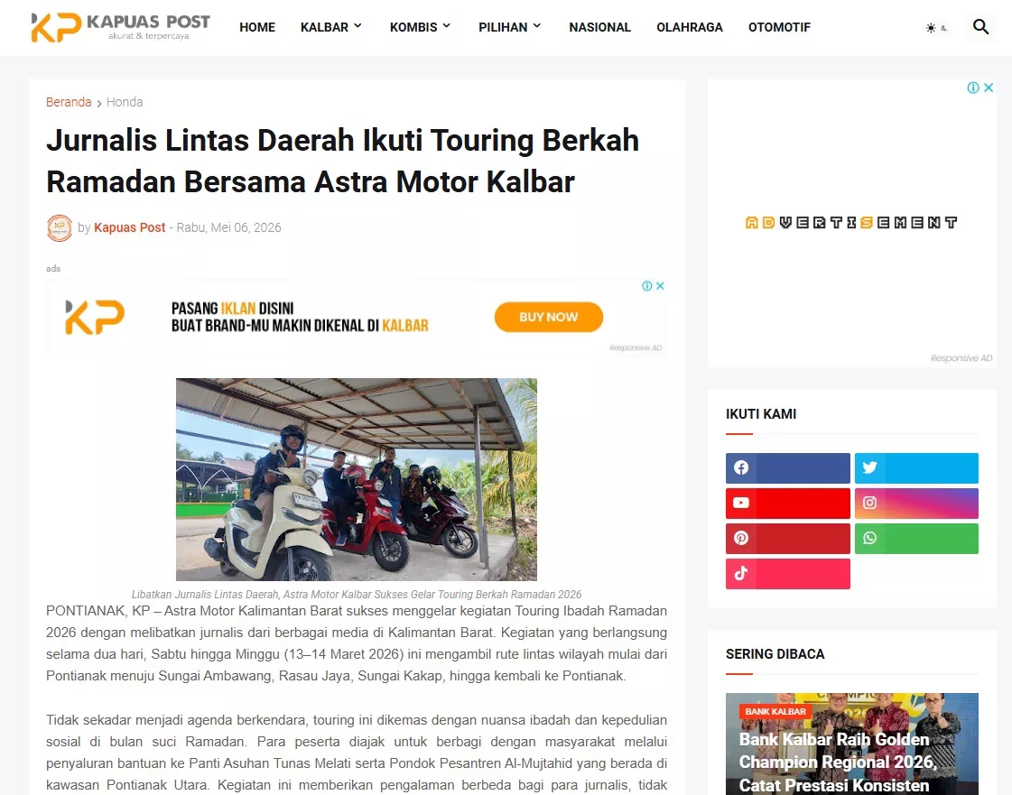 Jurnalis Lintas Daerah Ikuti Touring Berkah Ramadan Bersama Astra Motor Kalbar