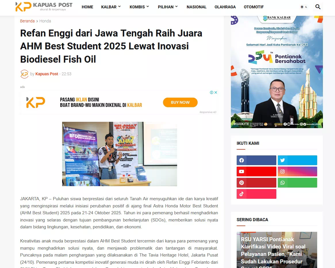 Refan Enggi dari Jawa Tengah Raih Juara AHM Best Student 2025 Lewat Inovasi Biodiesel Fish Oil