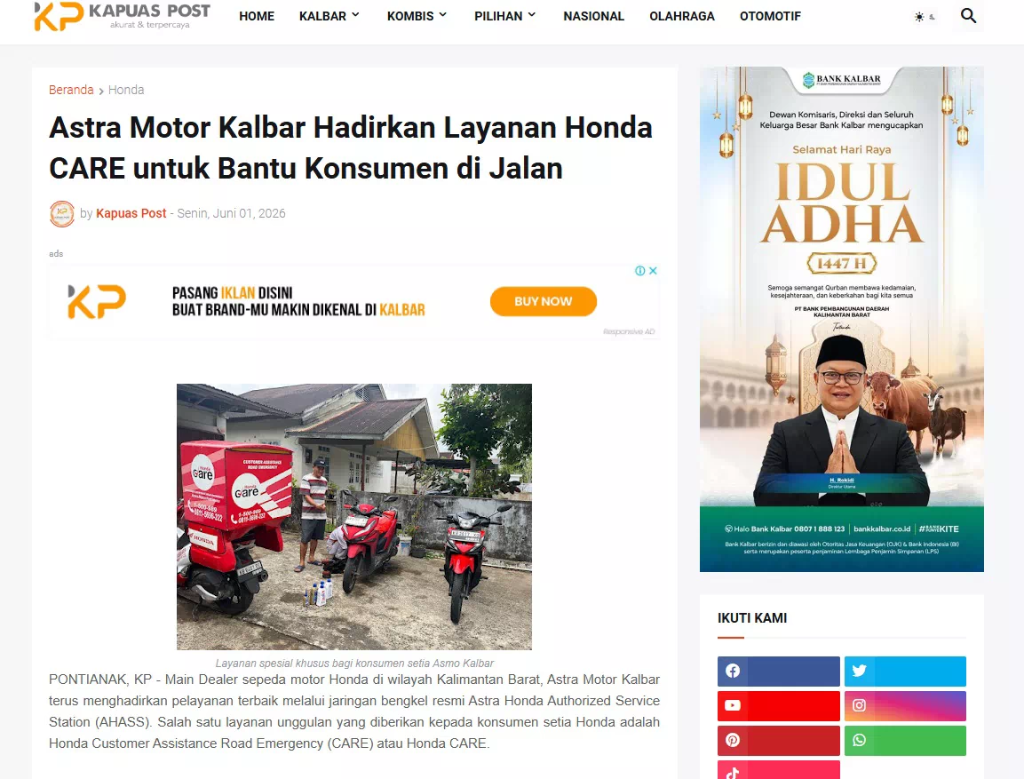 Astra Motor Kalbar Hadirkan Layanan Honda CARE untuk Bantu Konsumen di Jalan