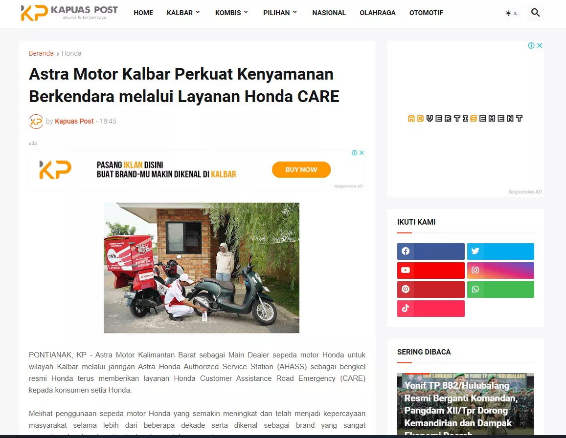 Astra Motor Kalbar Perkuat Kenyamanan Berkendara melalui Layanan Honda CARE