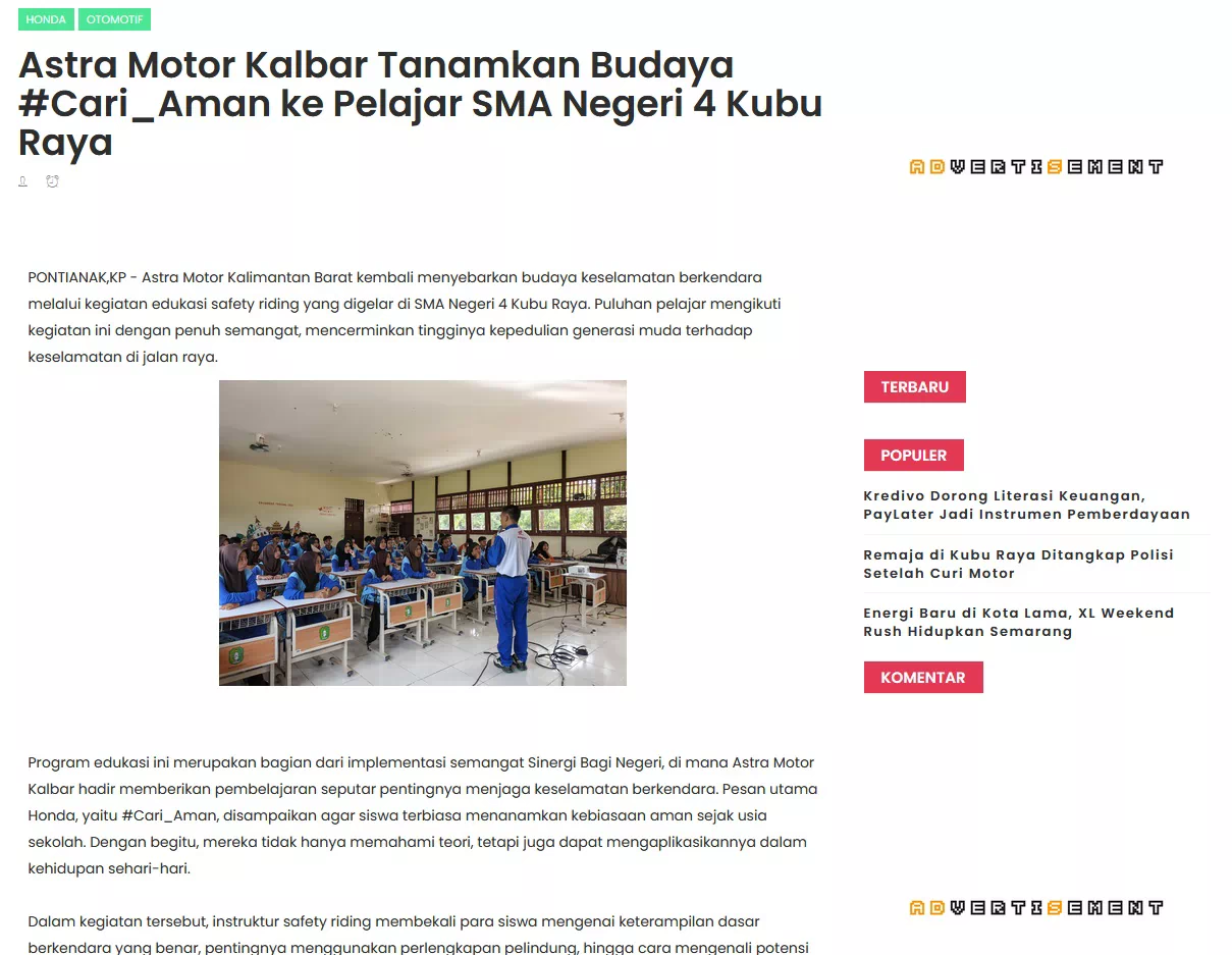 Astra Motor Kalbar Tanamkan Budaya #Cari_Aman ke Pelajar SMA Negeri 4 Kubu Raya