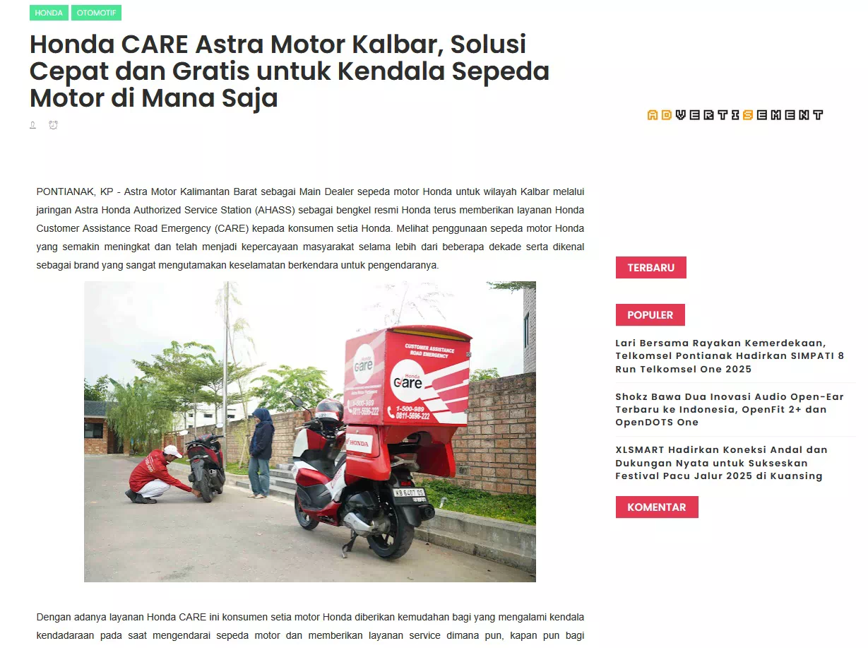Honda CARE Astra Motor Kalbar, Solusi Cepat dan Gratis untuk Kendala Sepeda Motor di Mana Saja