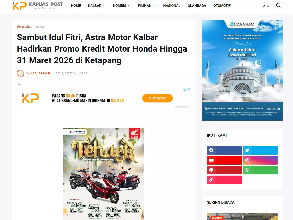 Sambut Idul Fitri, Astra Motor Kalbar Hadirkan Promo Kredit Motor Honda Hingga 31 Maret 2026 di Ketapang