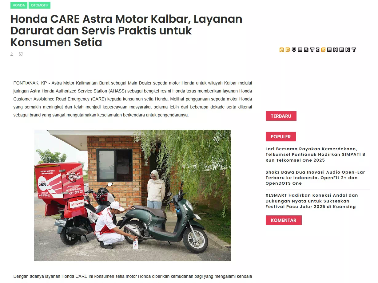 Honda CARE Astra Motor Kalbar, Layanan Darurat dan Servis Praktis untuk Konsumen Setia