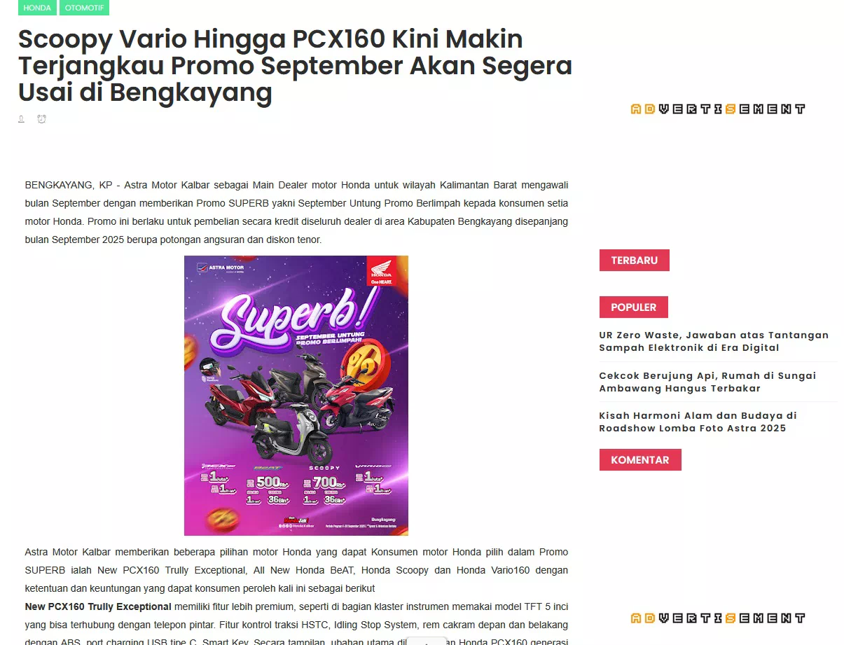 Scoopy Vario Hingga PCX160 Kini Makin Terjangkau Promo September Akan Segera Usai di Bengkayang