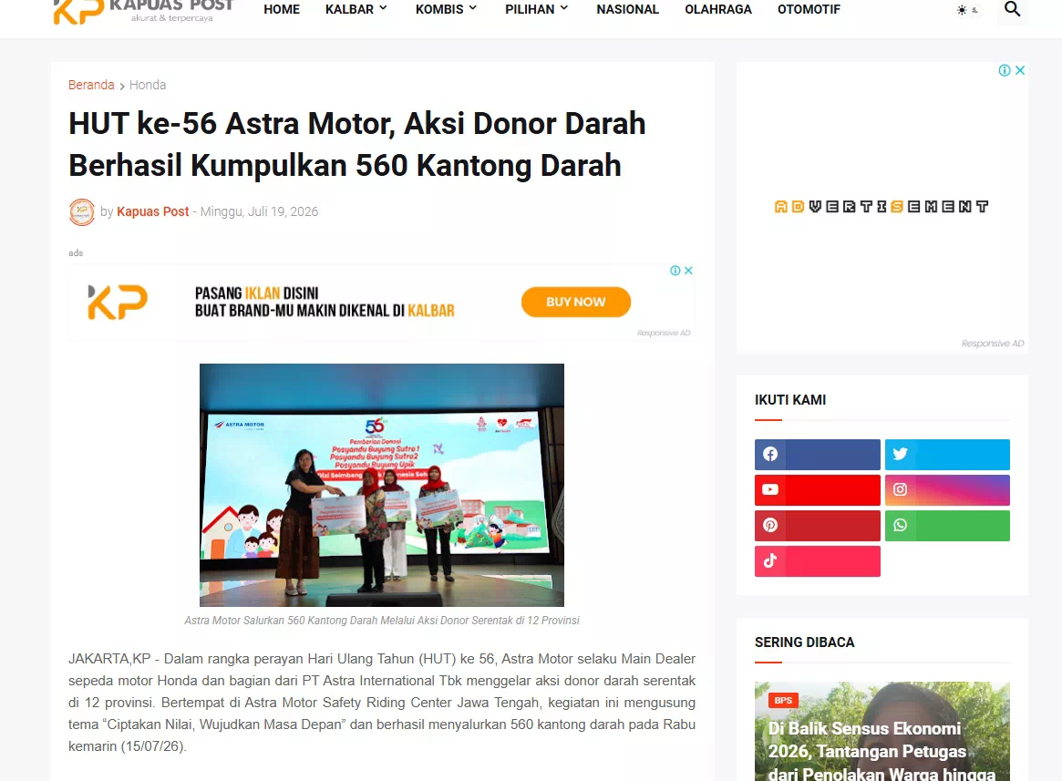HUT ke-56 Astra Motor, Aksi Donor Darah Berhasil Kumpulkan 560 Kantong Darah