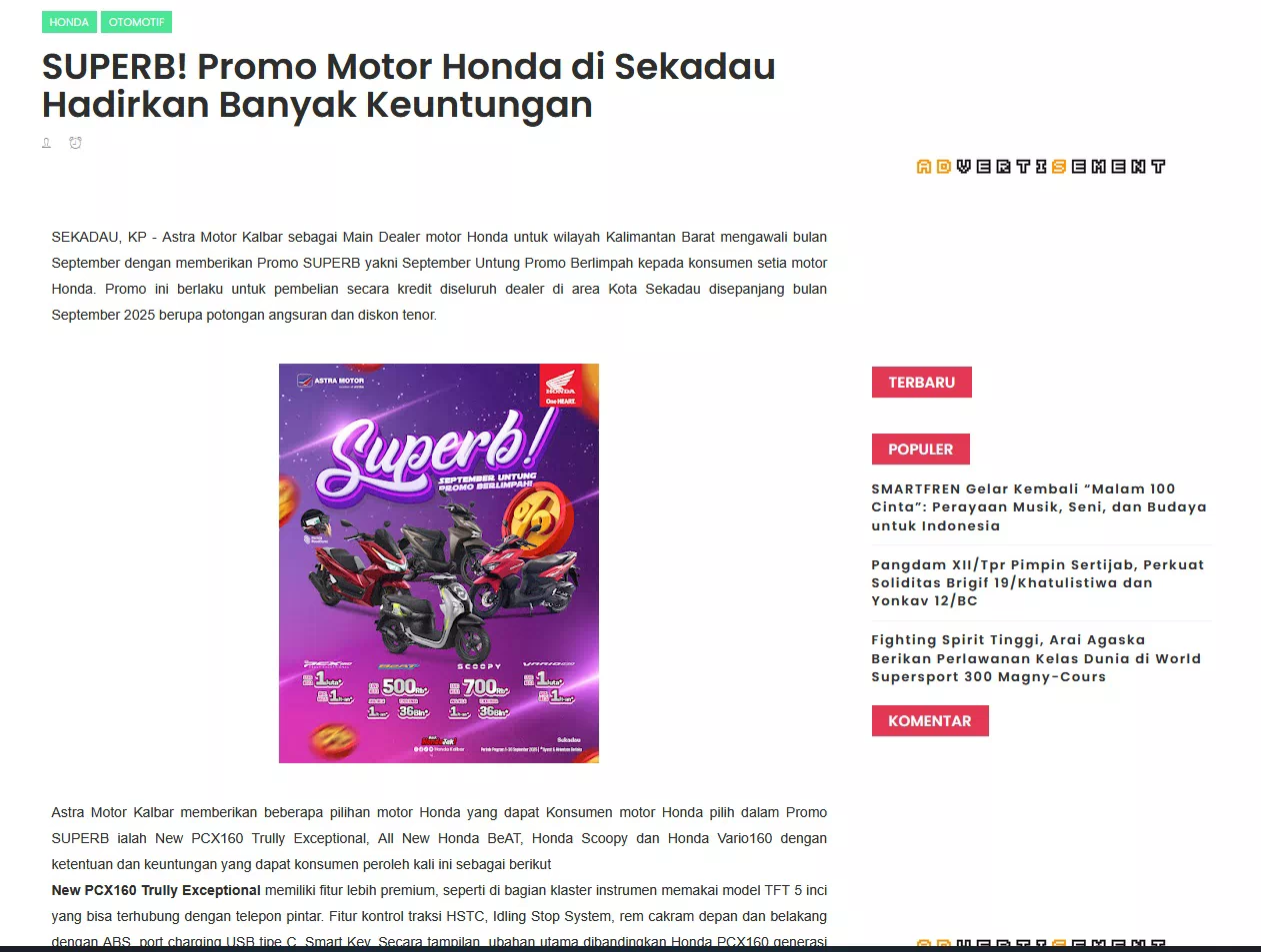SUPERB! Promo Motor Honda di Sekadau Hadirkan Banyak Keuntungan
