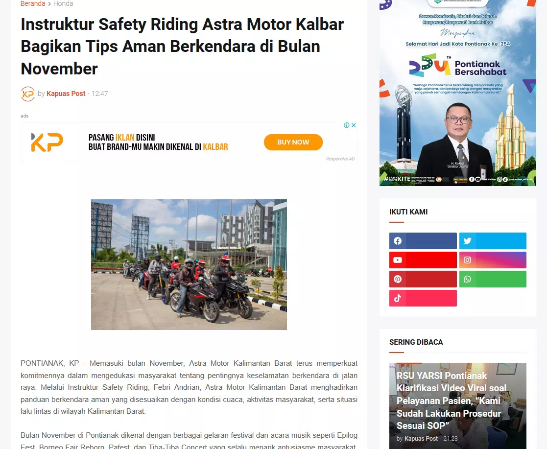 Instruktur Safety Riding Astra Motor Kalbar Bagikan Tips Aman Berkendara di Bulan November
