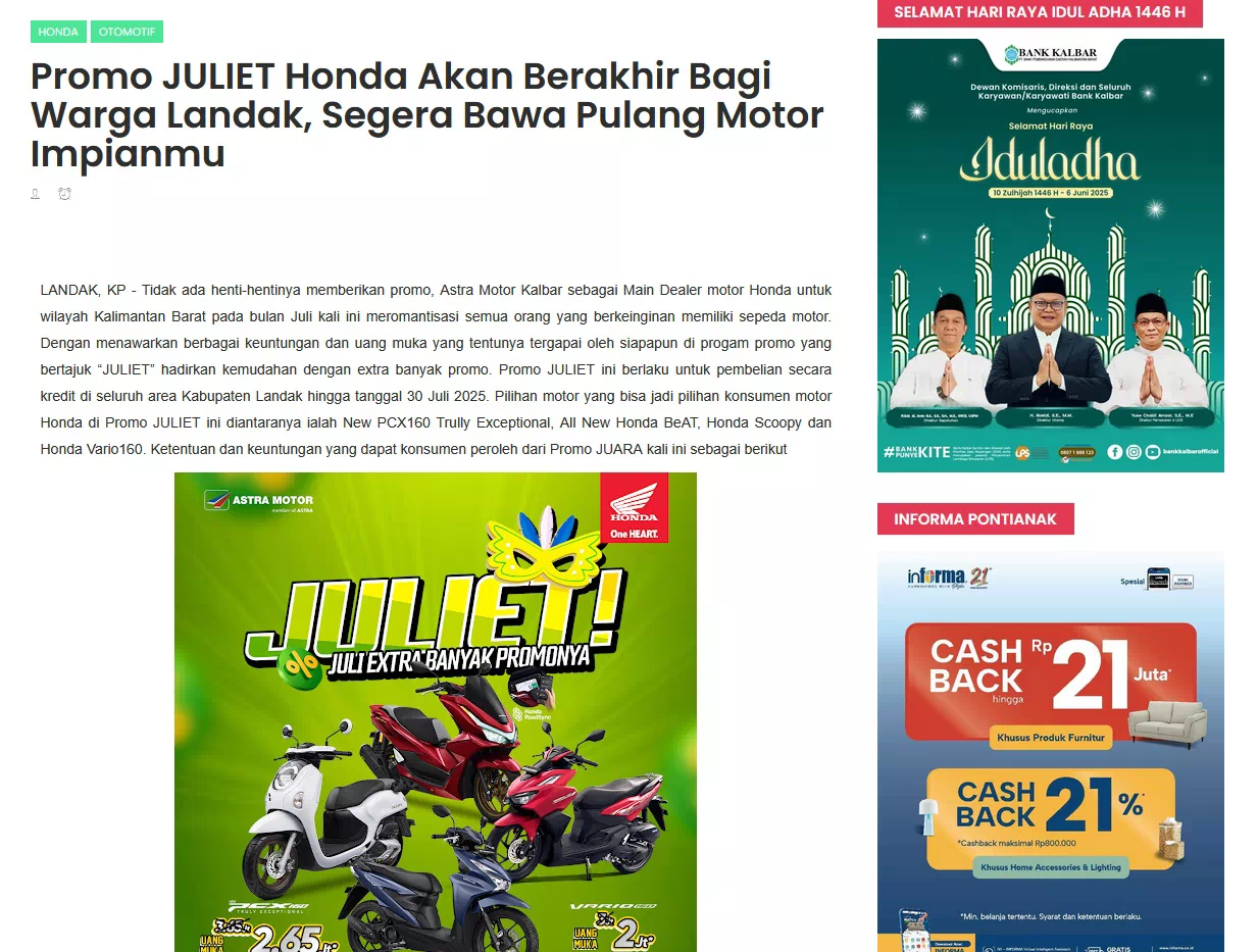 Promo JULIET Honda Akan Berakhir Bagi Warga Landak, Segera Bawa Pulang Motor Impianmu