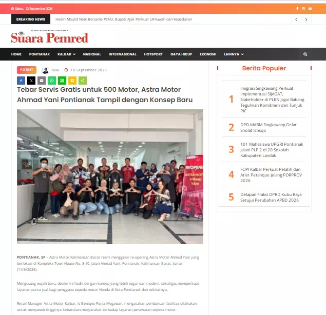 Tebar Servis Gratis untuk 500 Motor, Astra Motor Ahmad Yani Pontianak Tampil dengan Konsep Baru