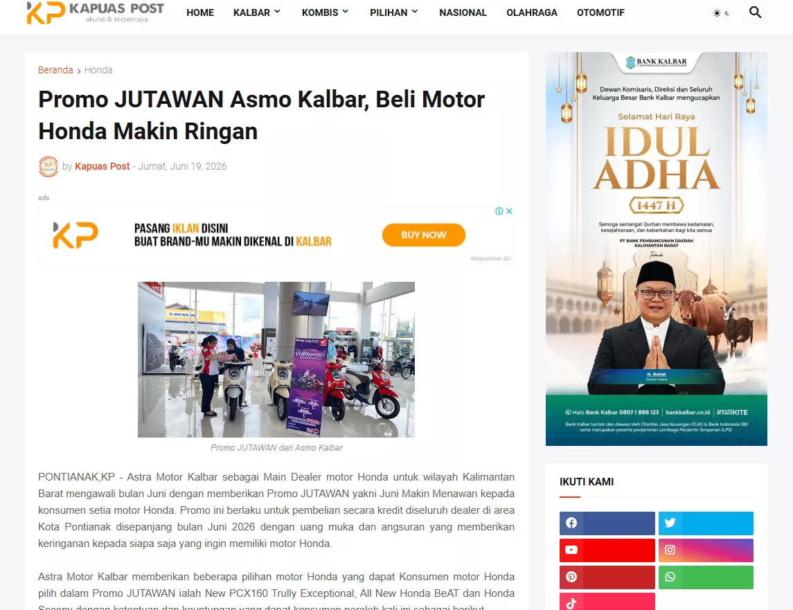 Promo JUTAWAN Asmo Kalbar, Beli Motor Honda Makin Ringan