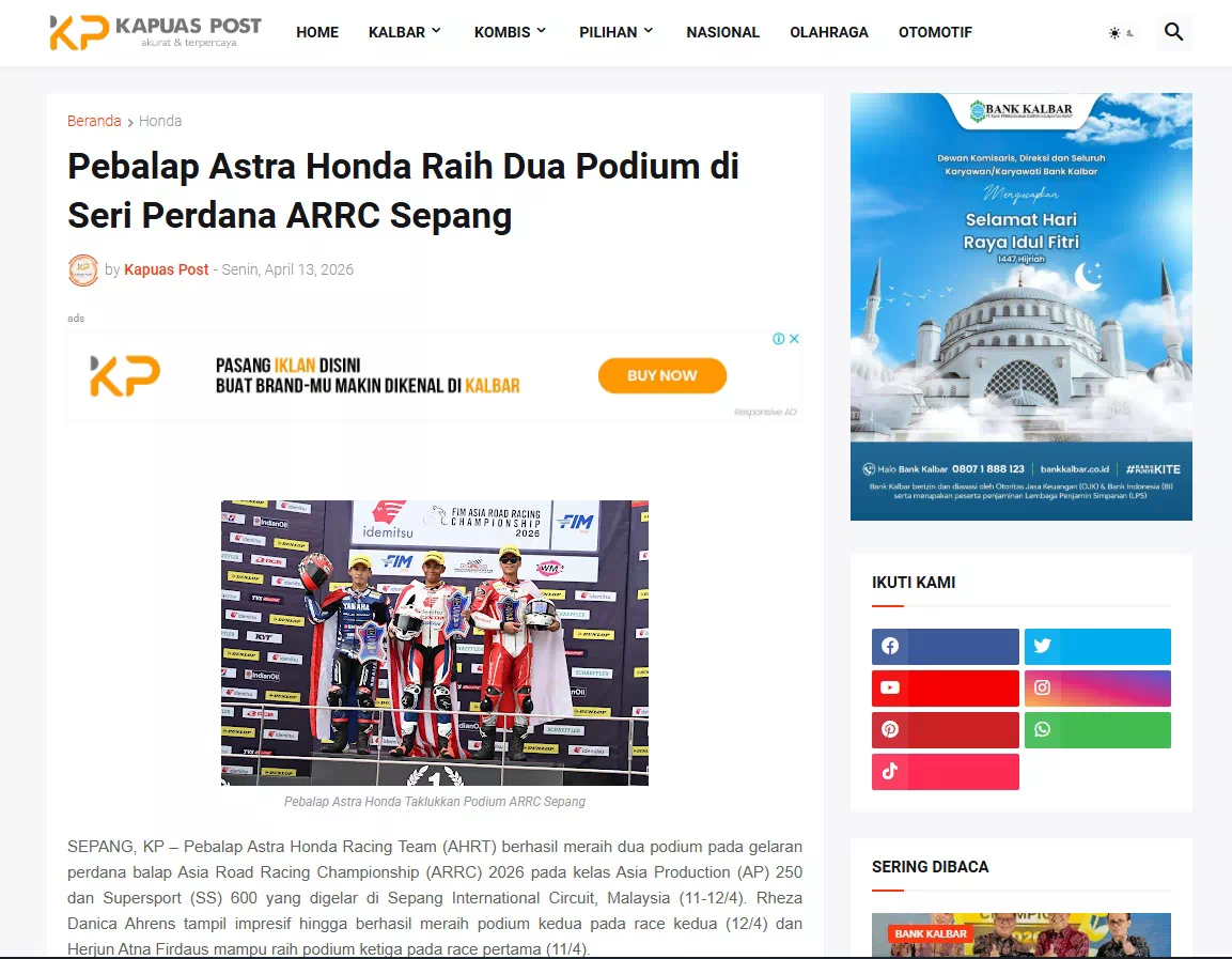 Pebalap Astra Honda Raih Dua Podium di Seri Perdana ARRC Sepang