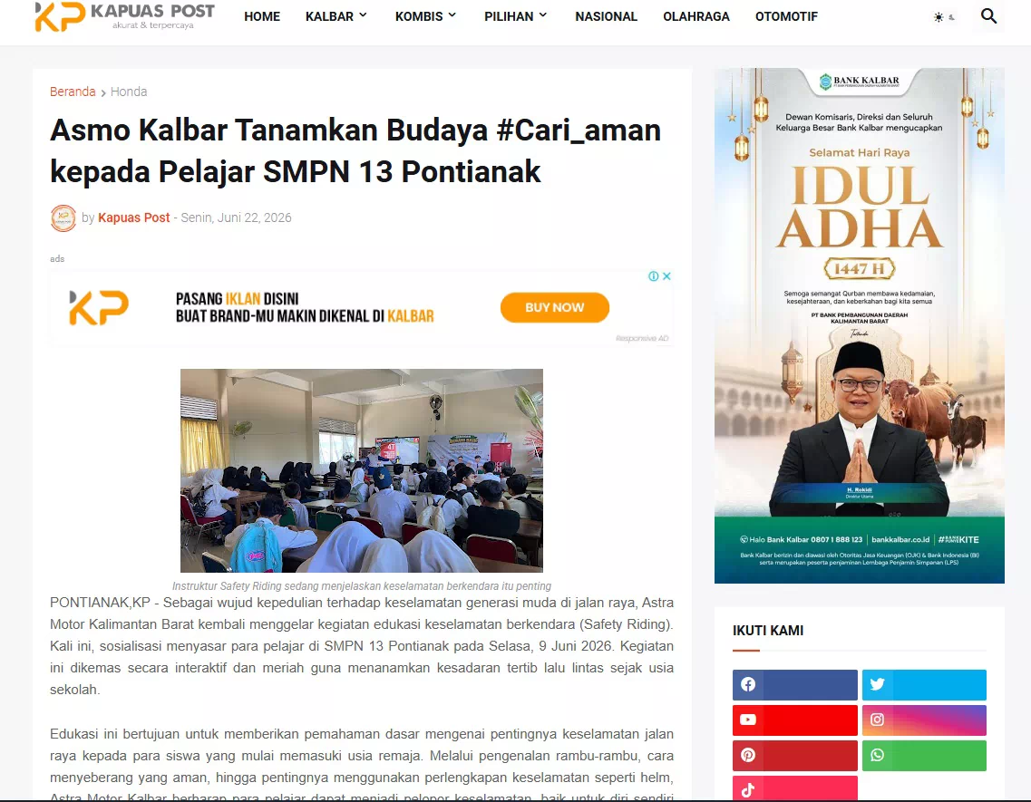 Asmo Kalbar Tanamkan Budaya #Cari_aman kepada Pelajar SMPN 13 Pontianak