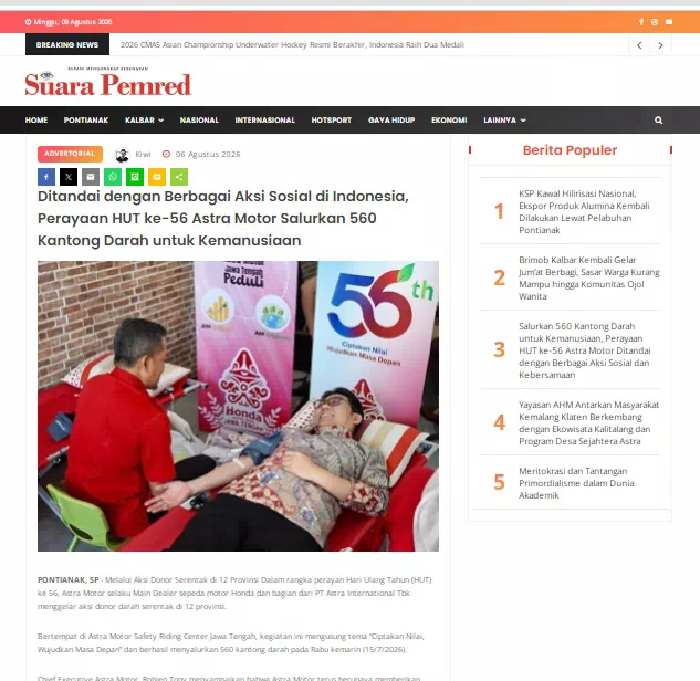 Ditandai dengan Berbagai Aksi Sosial di Indonesia, Perayaan HUT ke-56 Astra Motor Salurkan 560 Kantong Darah untuk Kemanusiaan