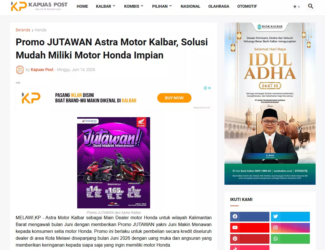Promo JUTAWAN Astra Motor Kalbar, Solusi Mudah Miliki Motor Honda Impian