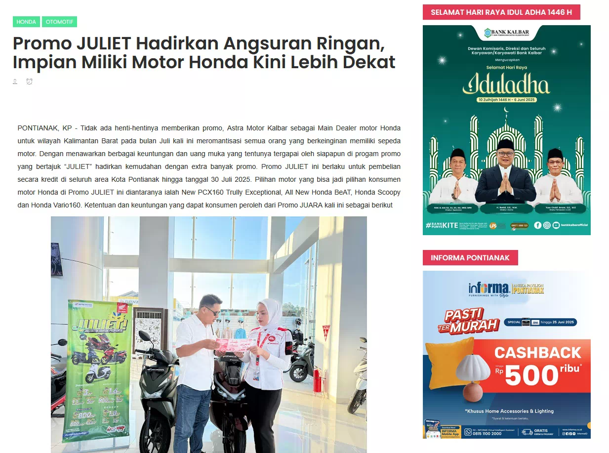 Promo JULIET Hadirkan Angsuran Ringan, Impian Miliki Motor Honda Kini Lebih Dekat