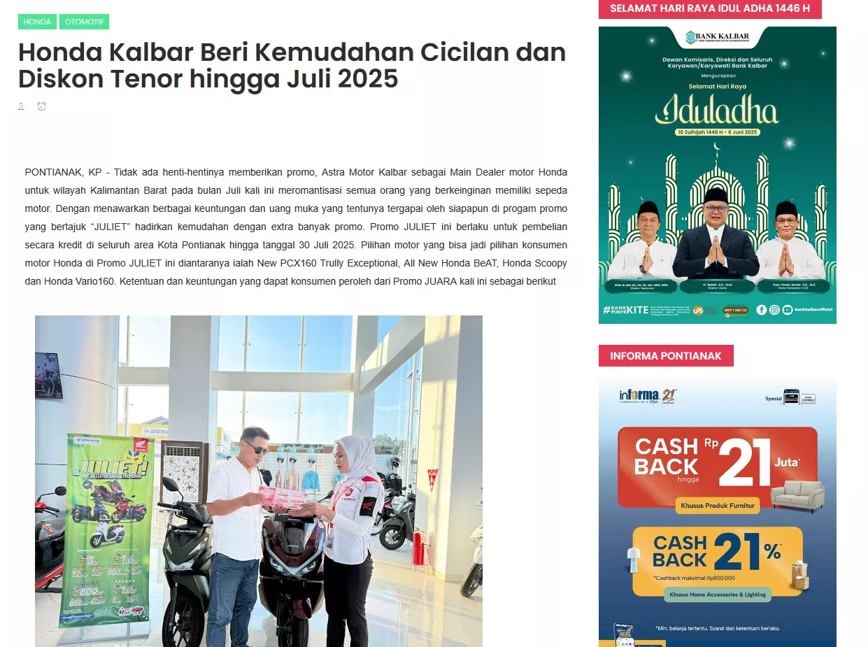 Honda Kalbar Beri Kemudahan Cicilan dan Diskon Tenor hingga Juli 2025