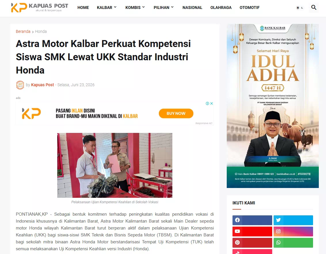 Astra Motor Kalbar Perkuat Kompetensi Siswa SMK Lewat UKK Standar Industri Honda