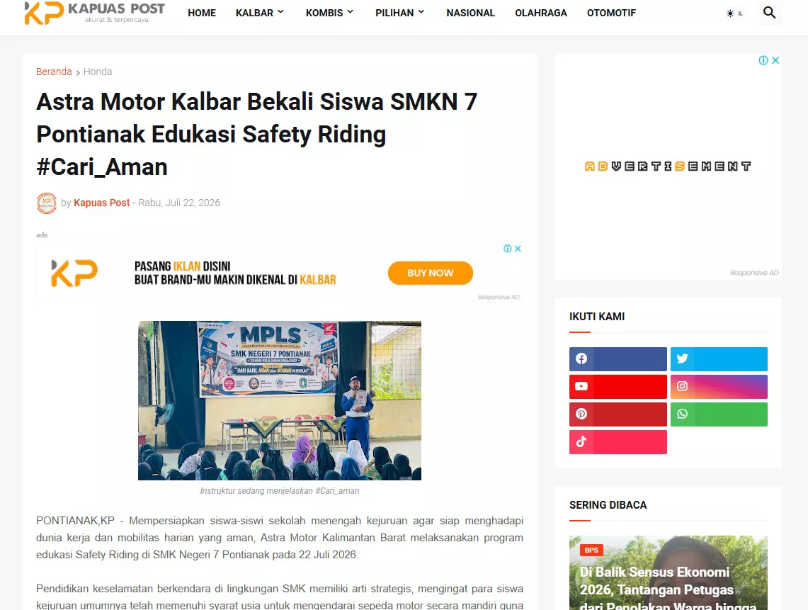 Astra Motor Kalbar Bekali Siswa SMKN 7 Pontianak Edukasi Safety Riding #Cari_Aman