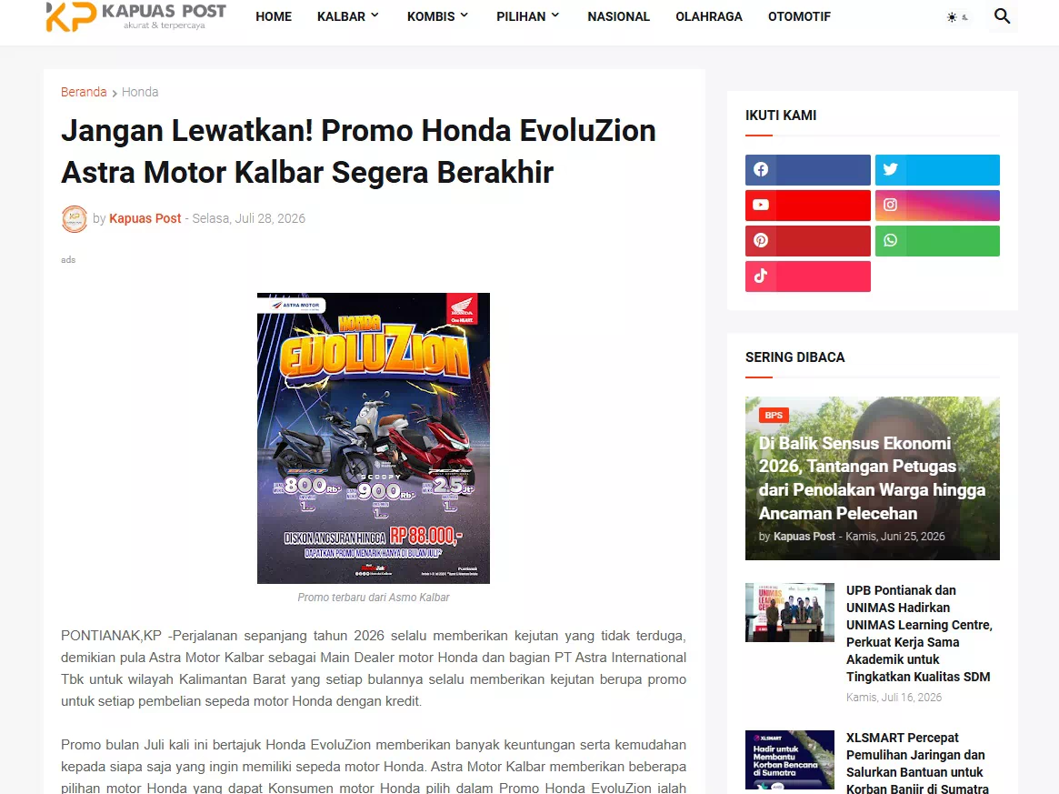 Jangan Lewatkan! Promo Honda EvoluZion Astra Motor Kalbar Segera Berakhir