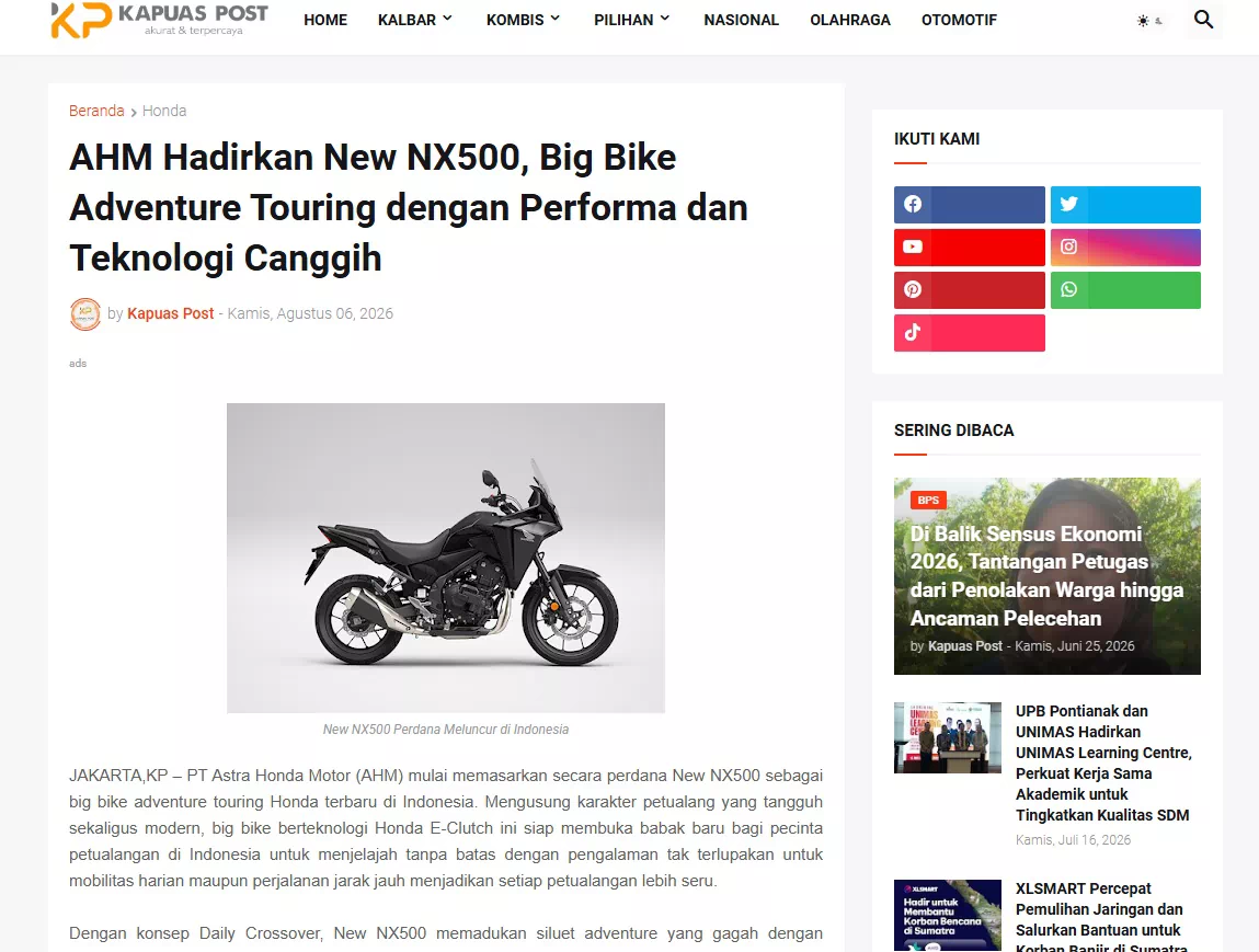 AHM Hadirkan New NX500, Big Bike Adventure Touring dengan Performa dan Teknologi Canggih