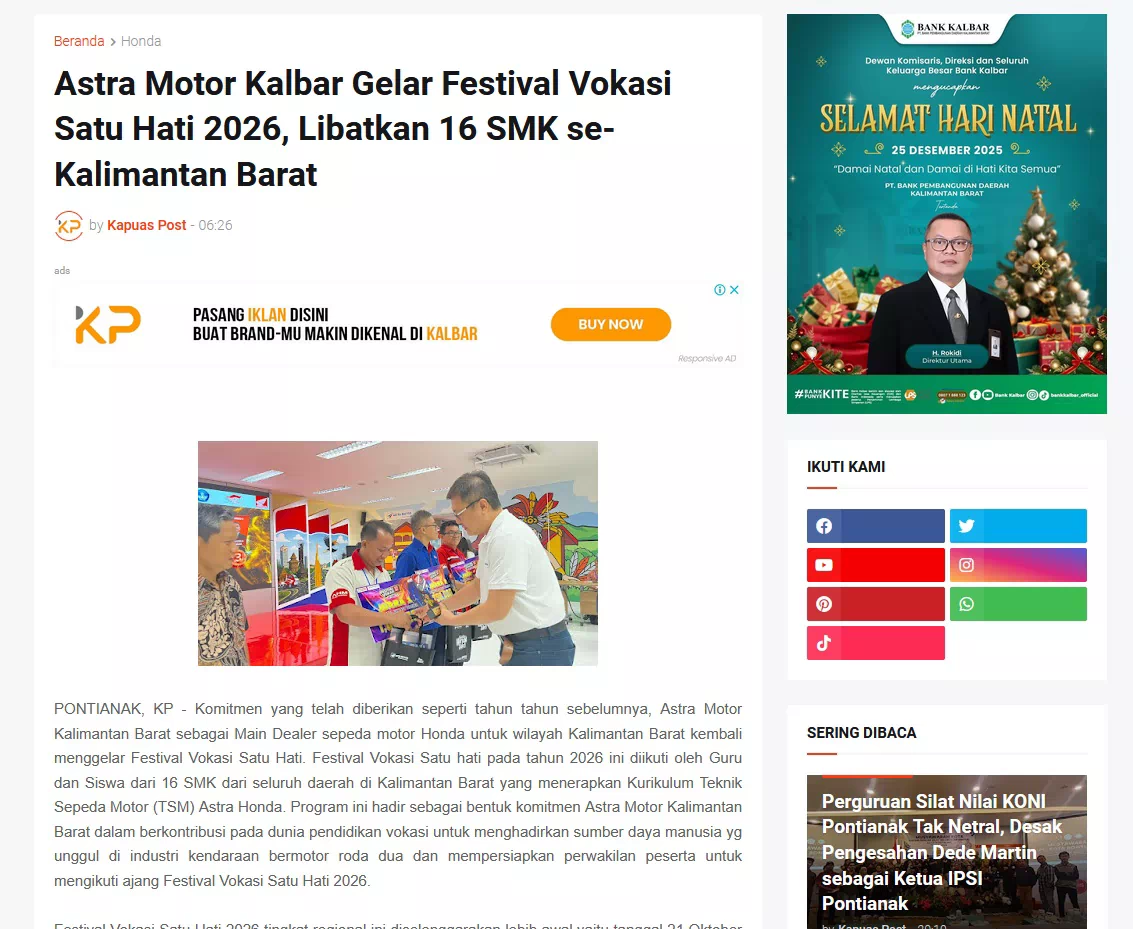 Astra Motor Kalbar Gelar Festival Vokasi Satu Hati 2026, Libatkan 16 SMK se-Kalimantan Barat