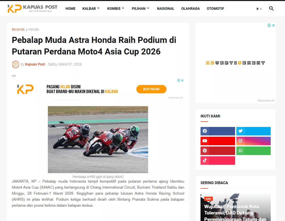 Pebalap Muda Astra Honda Raih Podium di Putaran Perdana Moto4 Asia Cup 2026