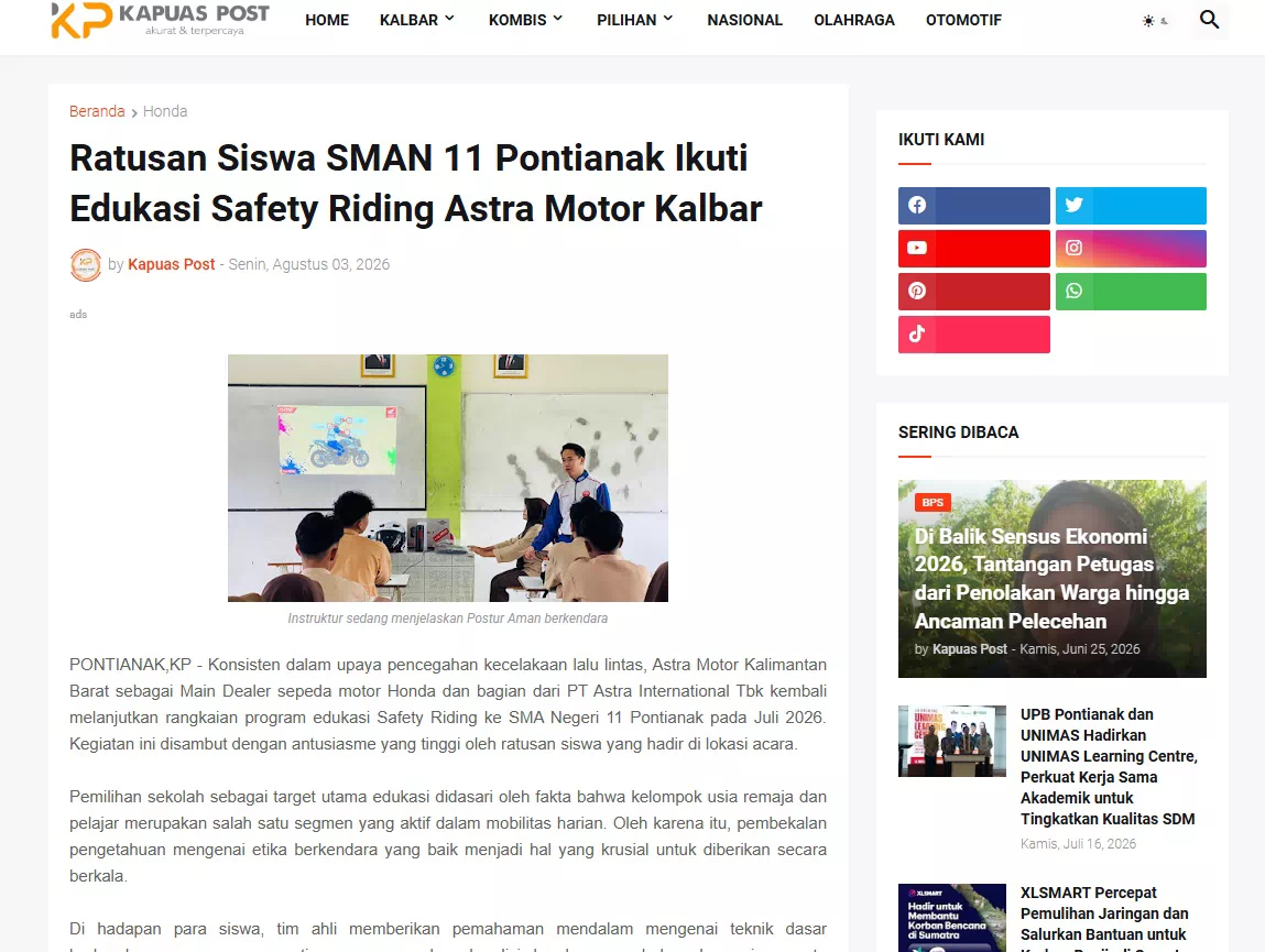 Ratusan Siswa SMAN 11 Pontianak Ikuti Edukasi Safety Riding Astra Motor Kalbar