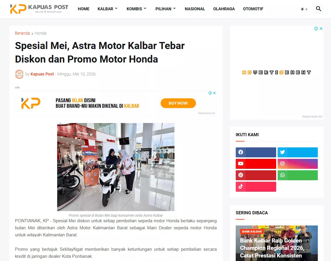 Spesial Mei, Astra Motor Kalbar Tebar Diskon dan Promo Motor Honda