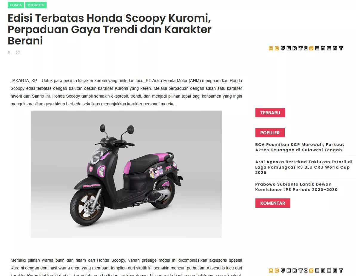 Edisi Terbatas Honda Scoopy Kuromi, Perpaduan Gaya Trendi dan Karakter Berani