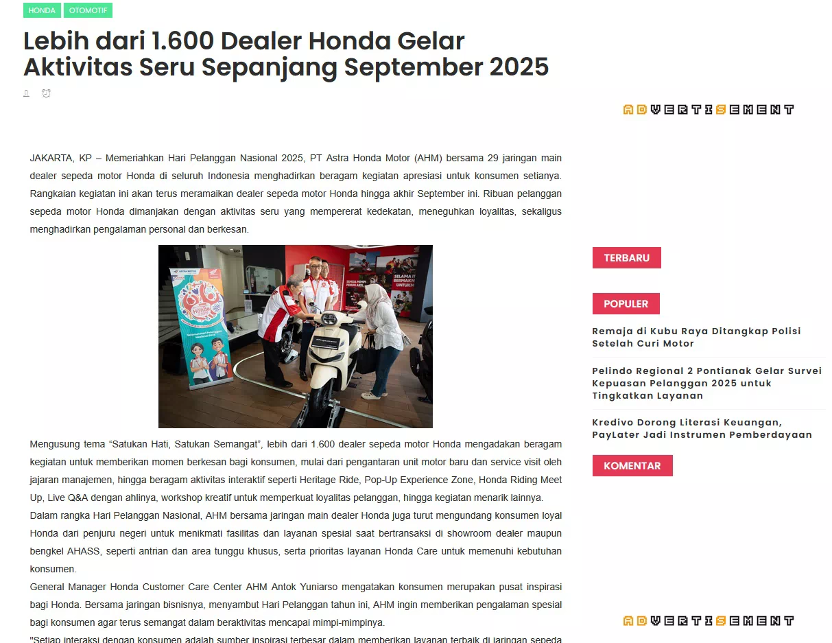 Lebih dari 1.600 Dealer Honda Gelar Aktivitas Seru Sepanjang September 2025