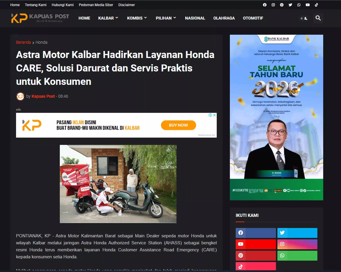 Astra Motor Kalbar Hadirkan Layanan Honda CARE, Solusi Darurat dan Servis Praktis untuk Konsumen