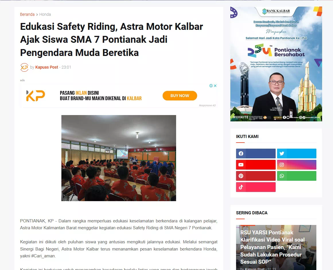 Edukasi Safety Riding, Astra Motor Kalbar Ajak Siswa SMA 7 Pontianak Jadi Pengendara Muda Beretika