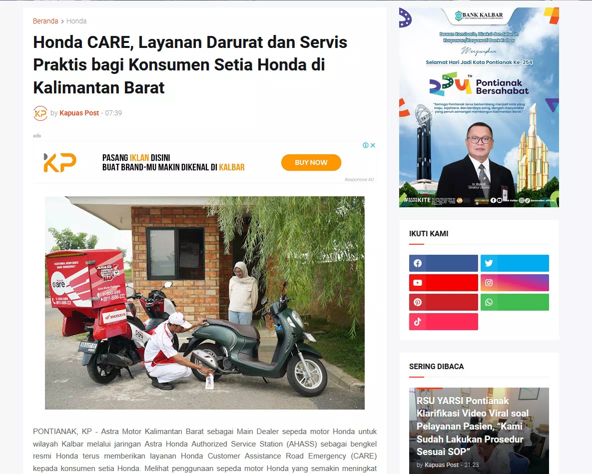 Honda CARE, Layanan Darurat dan Servis Praktis bagi Konsumen Setia Honda di Kalimantan Barat