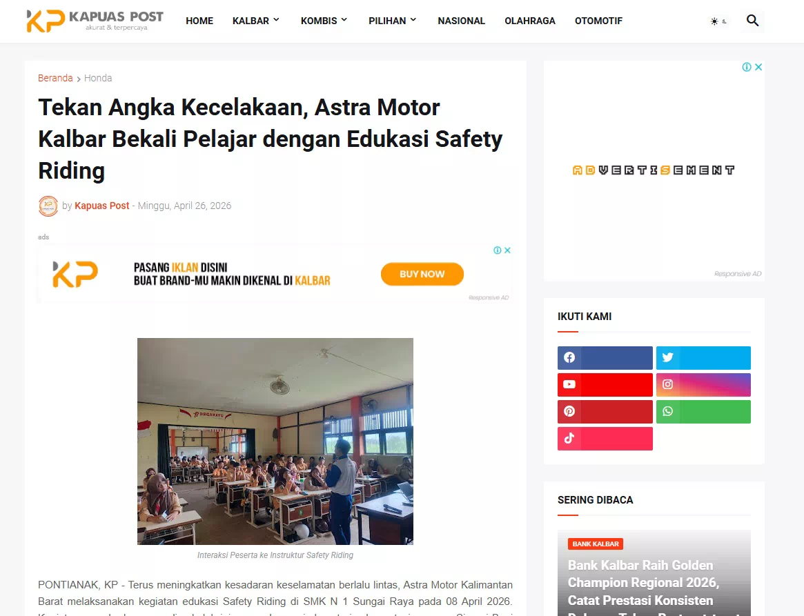 Tekan Angka Kecelakaan, Astra Motor Kalbar Bekali Pelajar dengan Edukasi Safety Riding