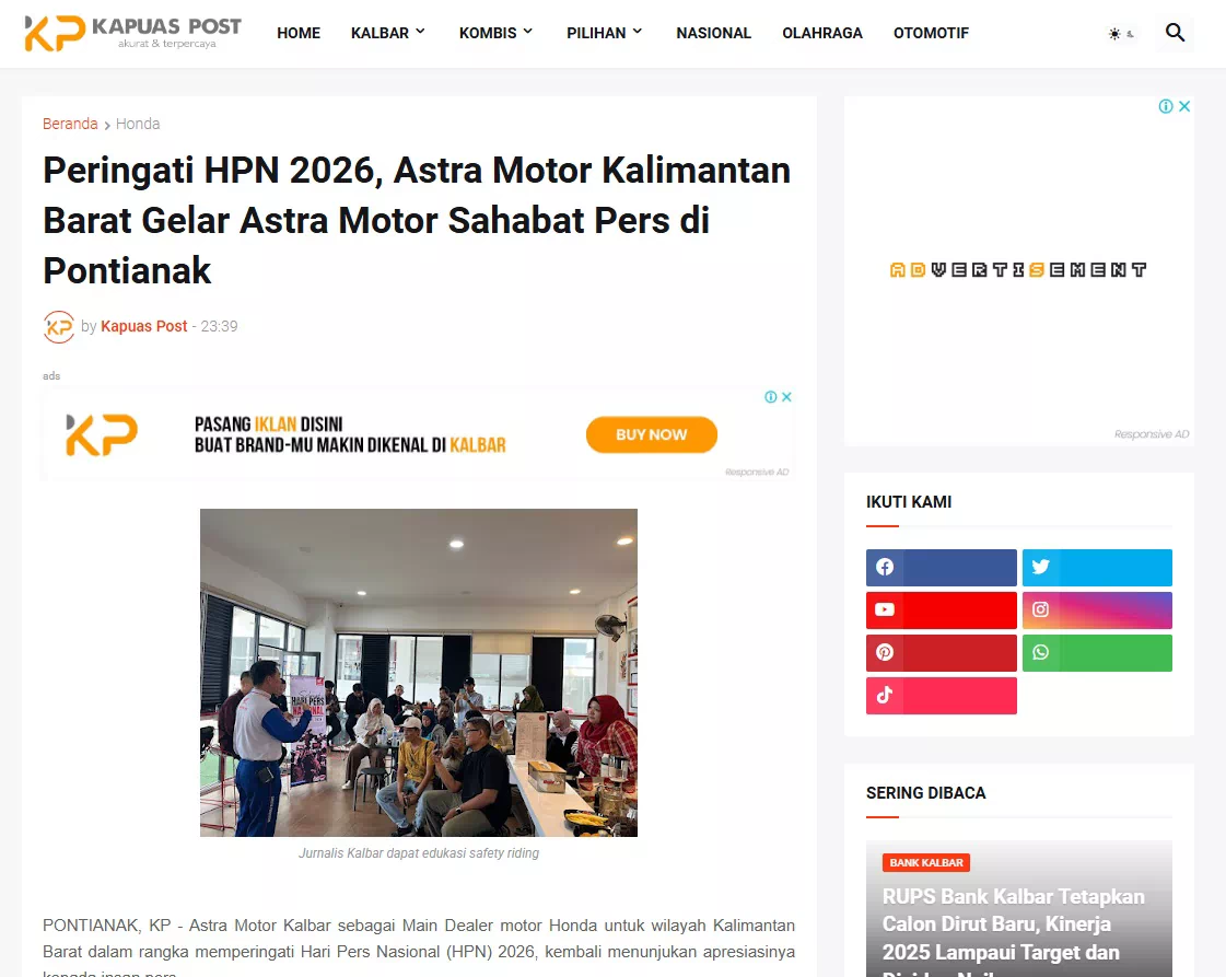 Peringati HPN 2026, Astra Motor Kalimantan Barat Gelar Astra Motor Sahabat Pers di Pontianak