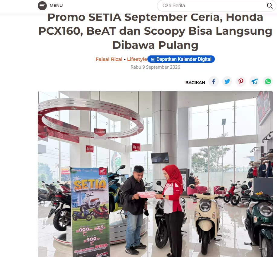 Promo SETIA September Ceria, Honda PCX160, BeAT dan Scoopy Bisa Langsung Dibawa Pulang
