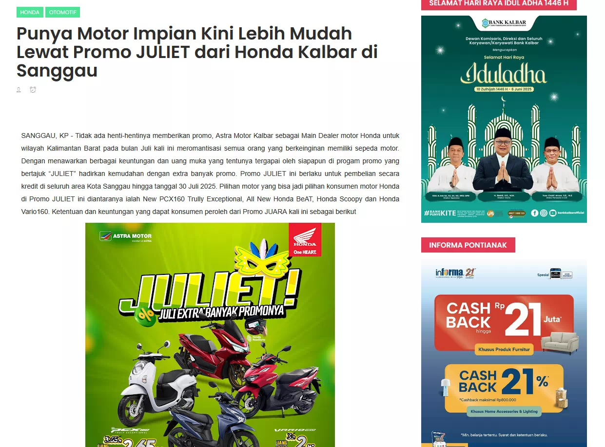 Punya Motor Impian Kini Lebih Mudah Lewat Promo JULIET dari Honda Kalbar di Sanggau