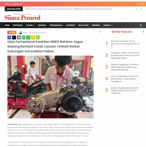 Ujian Kompetensi Keahlian SMKS Bahtera Jagoy Babang Berhasil Cetak Lulusan Terbaik Berkat Dukungan Astra Motor Kalbar
