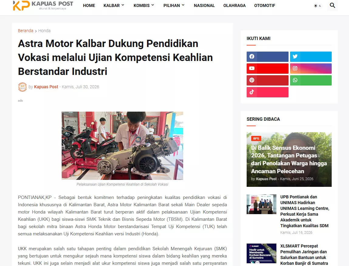 Astra Motor Kalbar Dukung Pendidikan Vokasi melalui Ujian Kompetensi Keahlian Berstandar Industri