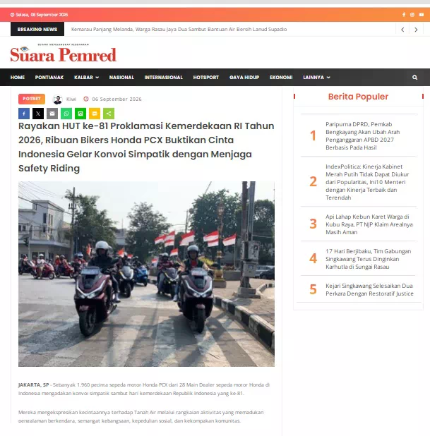 Rayakan HUT ke-81 Proklamasi Kemerdekaan RI Tahun 2026, Ribuan Bikers Honda PCX Buktikan Cinta Indonesia Gelar Konvoi Simpatik dengan Menjaga Safety Riding