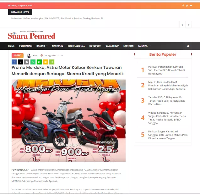 Promo Merdeka, Astra Motor Kalbar Berikan Tawaran Menarik dengan Berbagai Skema Kredit yang Menarik