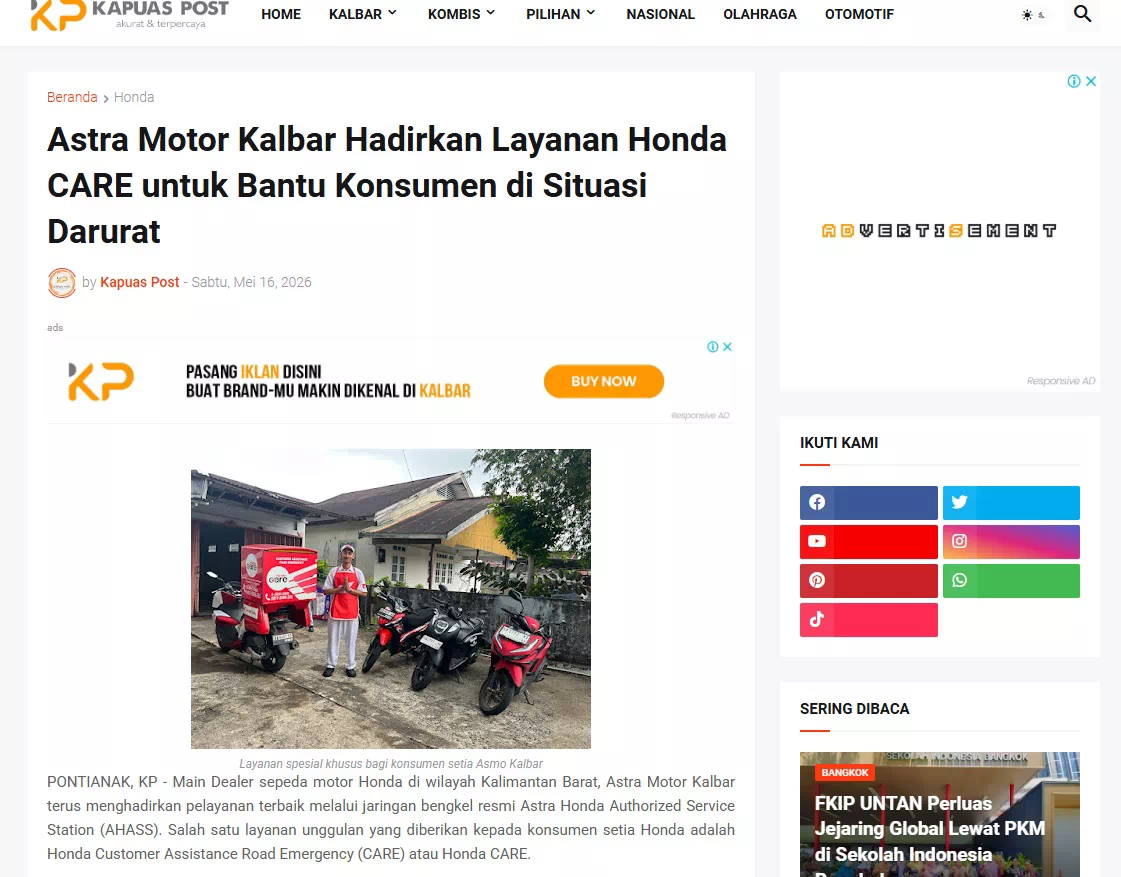 Astra Motor Kalbar Hadirkan Layanan Honda CARE untuk Bantu Konsumen di Situasi Darurat
