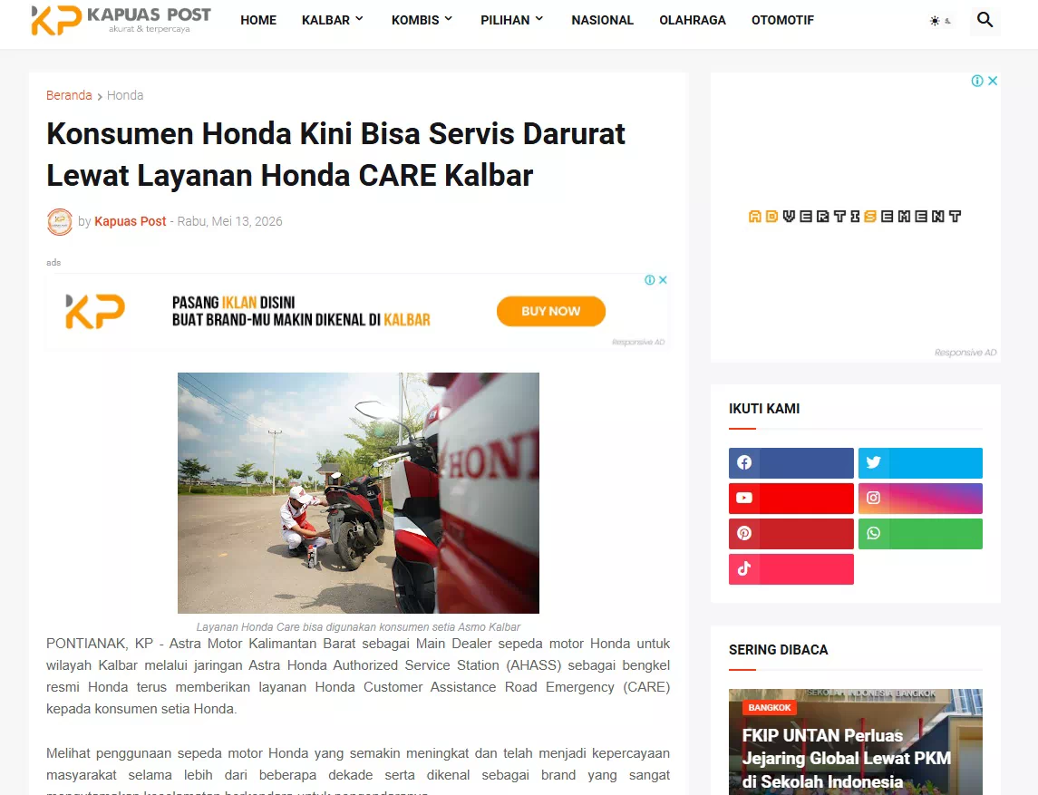 Konsumen Honda Kini Bisa Servis Darurat Lewat Layanan Honda CARE Kalbar