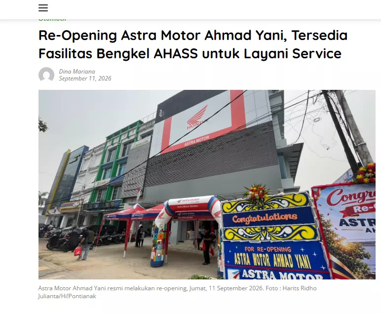 Re-Opening Astra Motor Ahmad Yani, Tersedia Fasilitas Bengkel AHASS untuk Layani Service