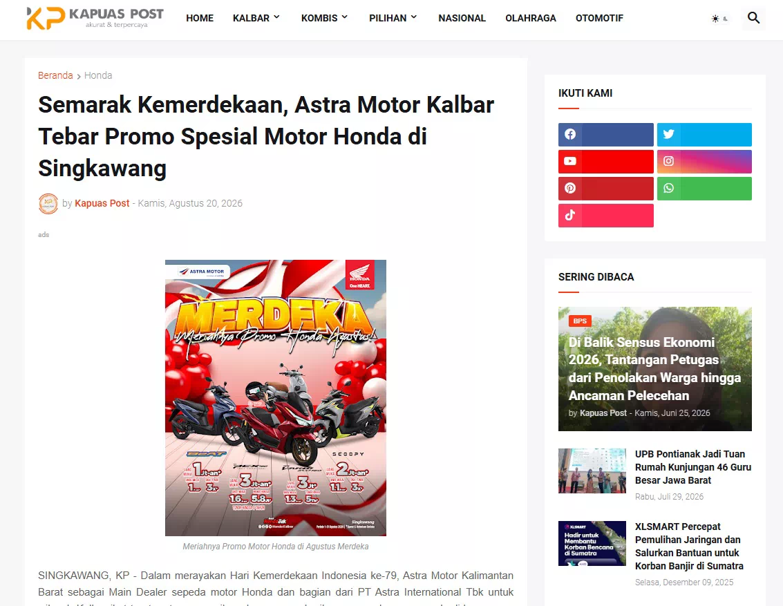 Semarak Kemerdekaan, Astra Motor Kalbar Tebar Promo Spesial Motor Honda di Singkawang